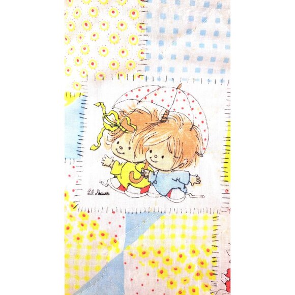 Vintage Patchwork Print Baby Quilt Child Yellow Little Lil Shavers 1970 Satin - Picture 11 of 13